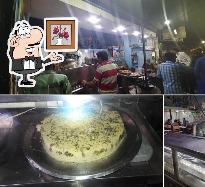 Take a look at the picture depicting interior and food at Patel Hotel