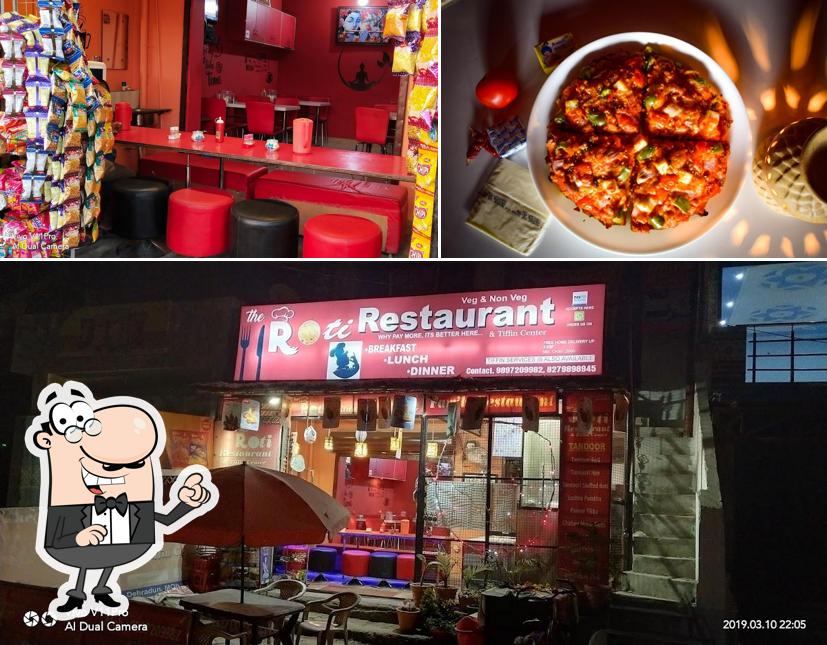 Take a look at the picture depicting interior and food at The Roti Restaurant & Tiffin Center