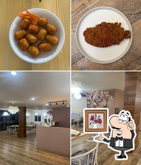 The restaurant's interior and food