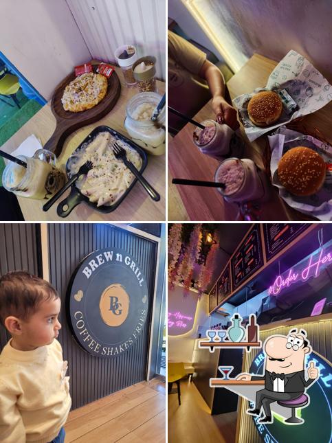 Take a look at the picture showing interior and food at Brew n Grill