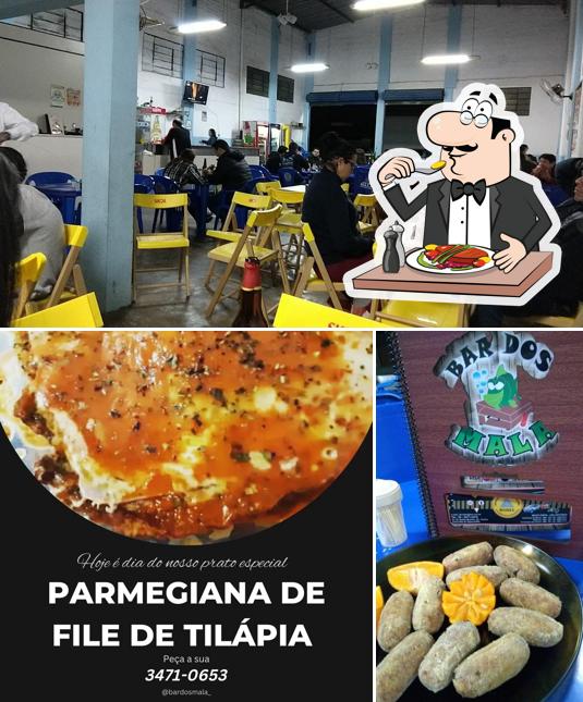 Esta é a ilustração ilustrando comida e interior a Bar Dos Mala