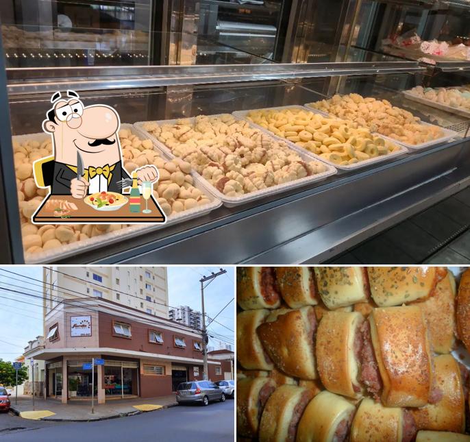 A ilustração da comida e exterior a Fiorella Café e Padaria