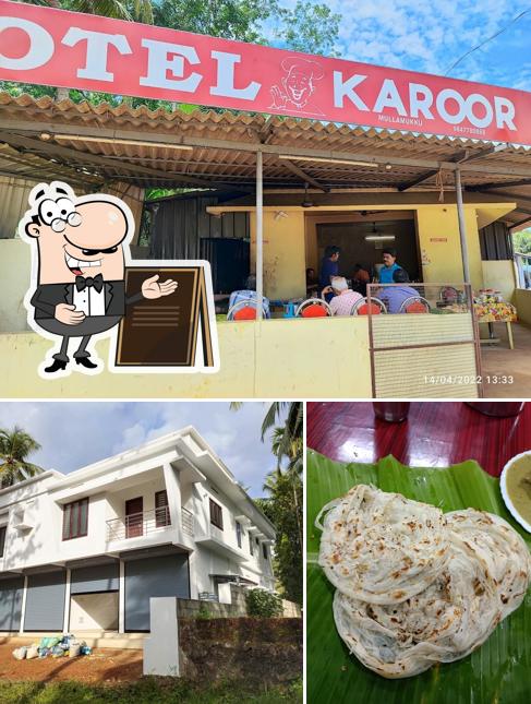 The photo of exterior and food at Karoor Hotel