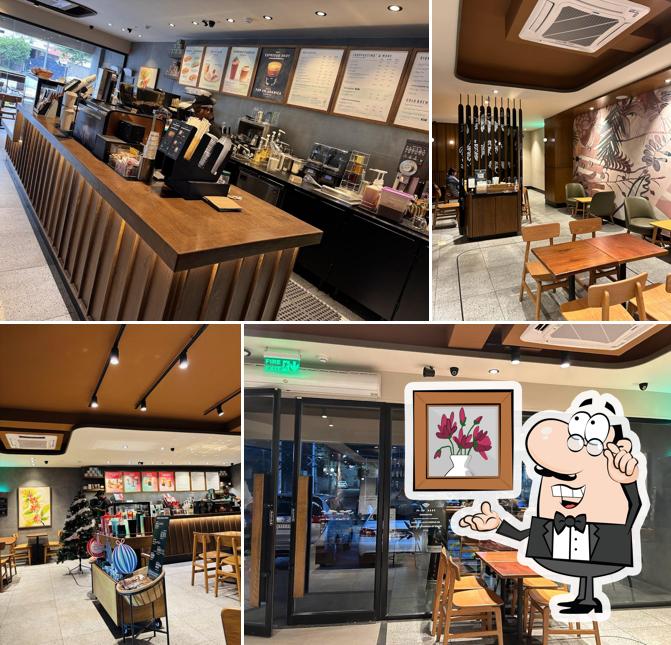 Take a seat at one of the tables at Starbucks