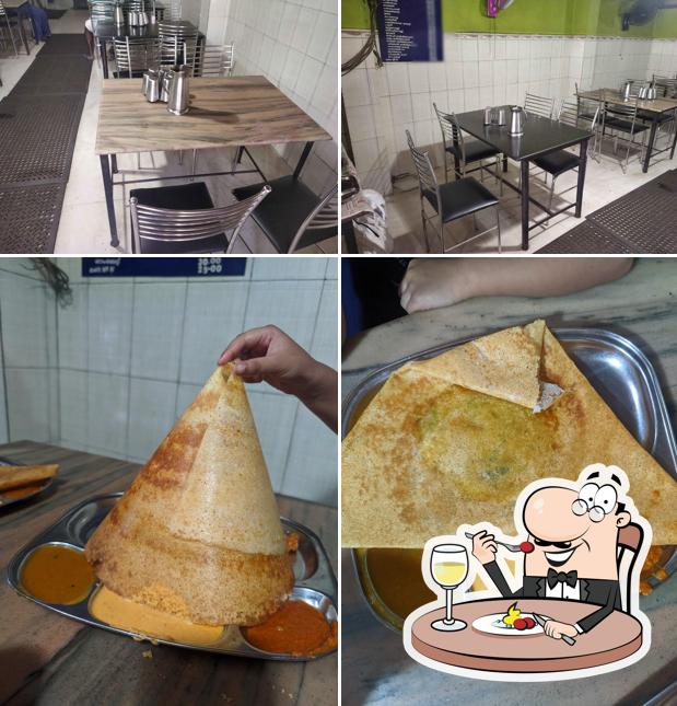 Check out the picture depicting food and interior at Hotel Durga