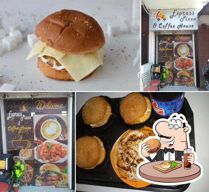 Try out a burger at Express Pizza & Coffee House