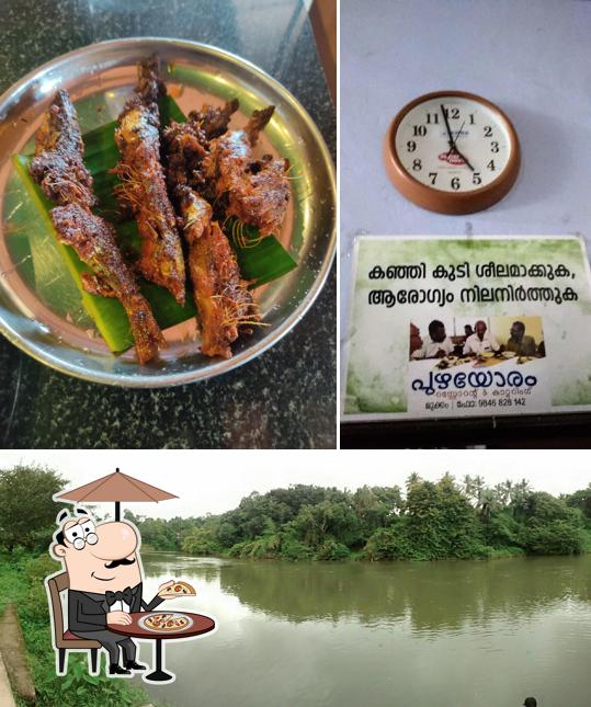 The restaurant's exterior and seafood