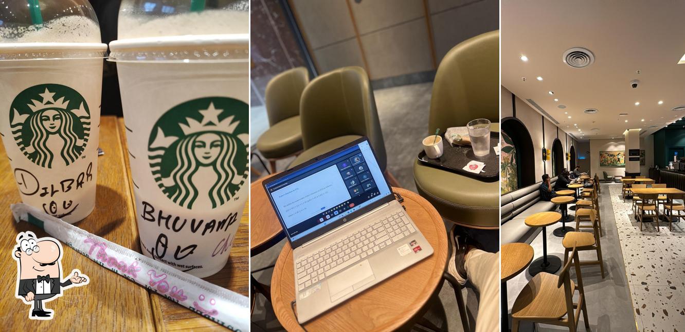 Take a seat at one of the tables at Starbucks