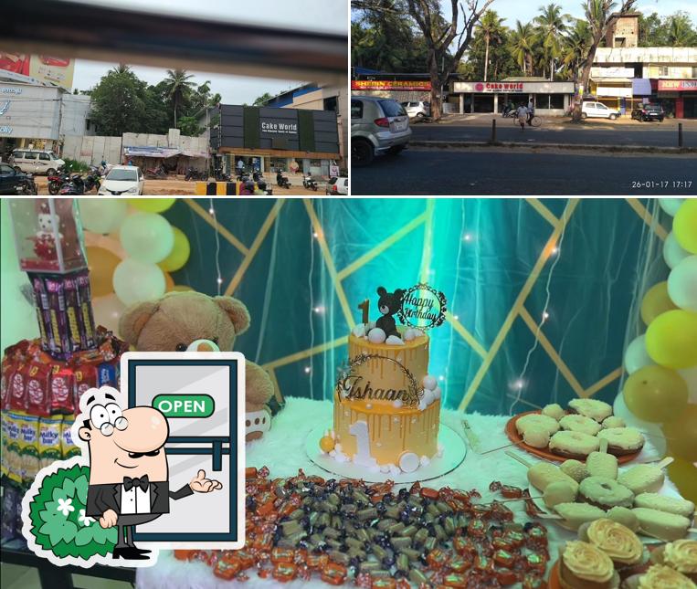 This is the picture showing exterior and food at Cake World
