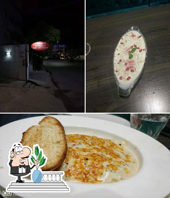 The image of exterior and food at V2 PRIVE PURE VEG RESTAURANT