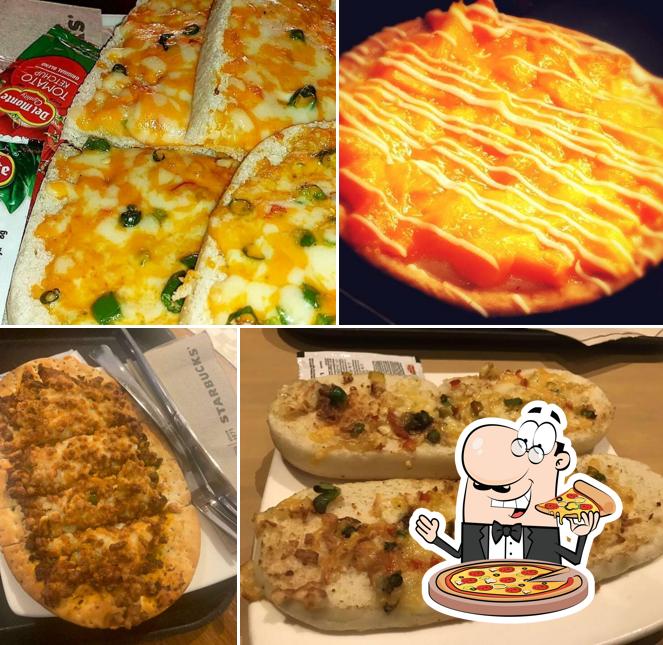 Pick pizza at Starbucks Coffee