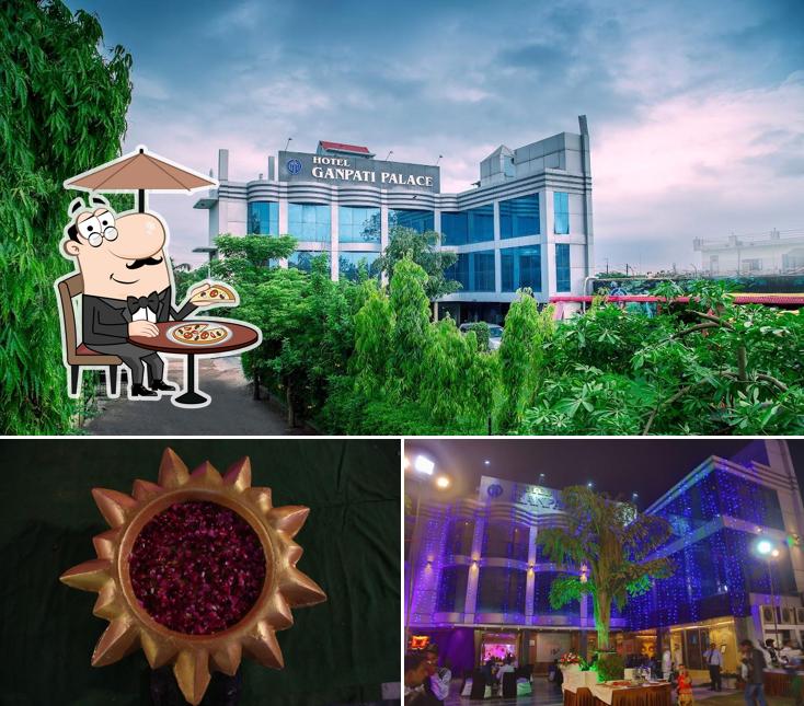 This is the image depicting exterior and food at Hotel Ganpati Palace And Majestic Banquets