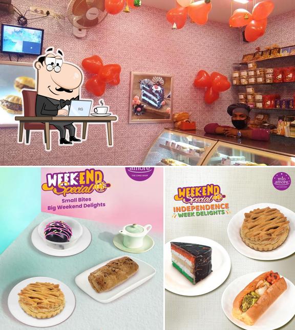 This is the image depicting interior and burger at Mio Amore