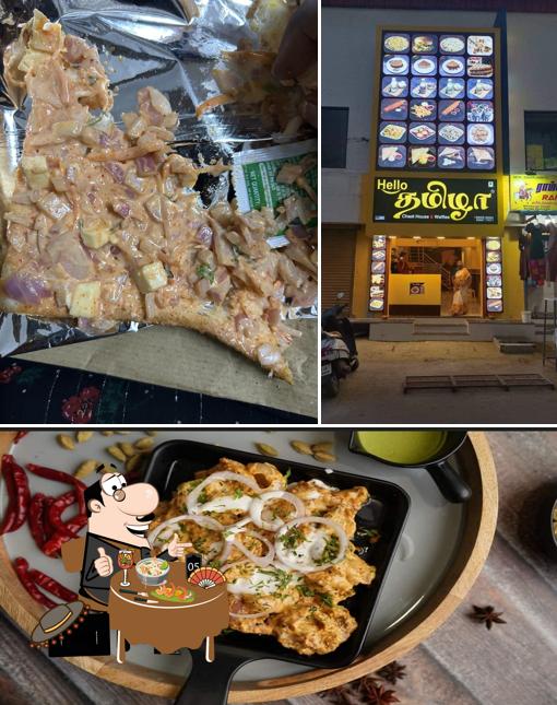 The picture of food and exterior at Hello Tamizha Chaat House & Waffle