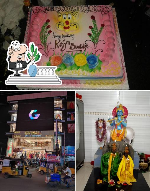 The restaurant's exterior and cake