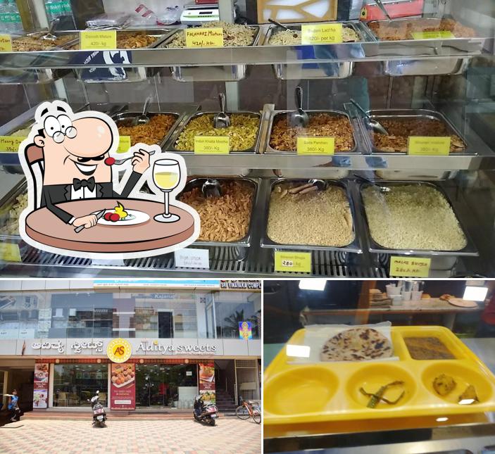 Among various things one can find food and exterior at Aditya Sweets