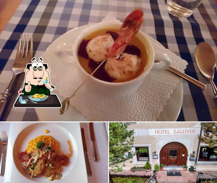Questa è la immagine che mostra la cibo e esterno di Hotel Saluver AG