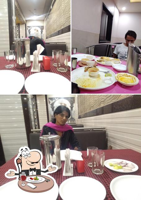 The restaurant's dining table and interior
