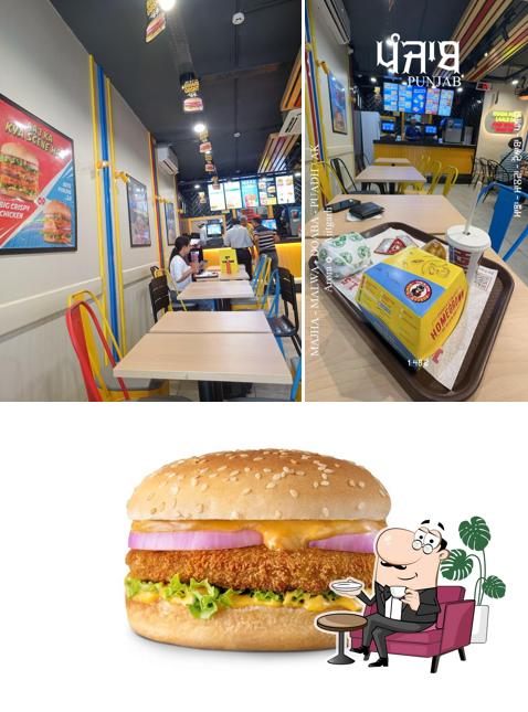 Among various things one can find interior and food at Burger Singh