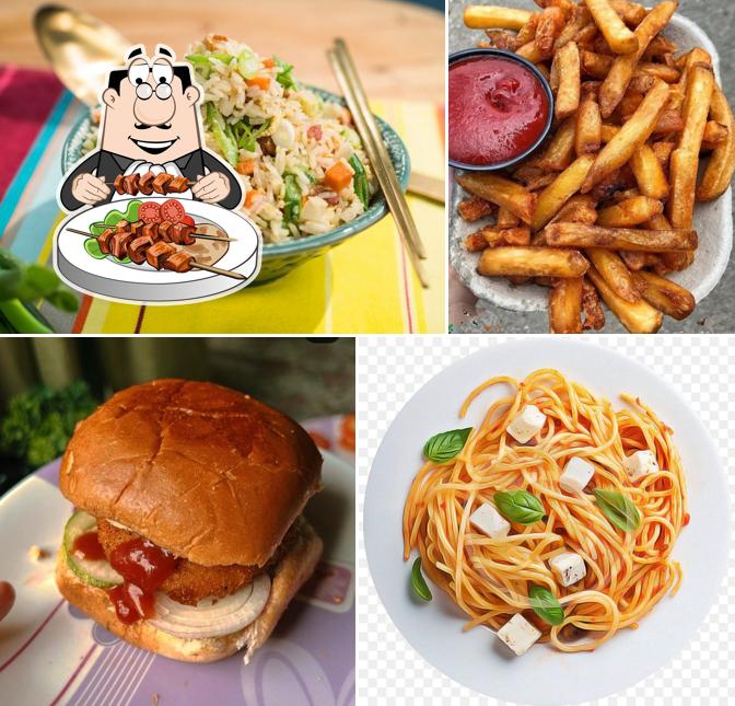 Fried rice, french fries and hamburger at Burger Nation