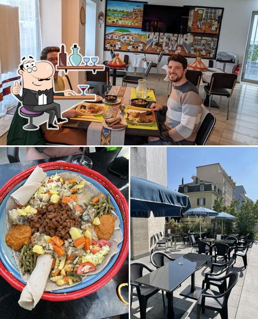 La immagine della interni e cibo di HELEN Eritreisches Lounge & Restaurant
