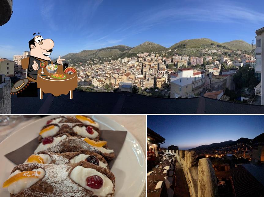 Questa è la immagine che mostra la cibo e esterno di Hotel Ristorante Castello di Giuliano