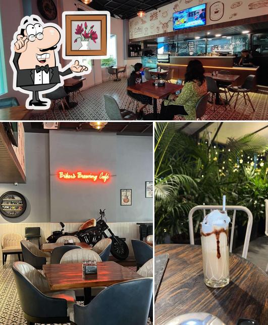Take a seat at one of the tables at Biker's Brewing Café