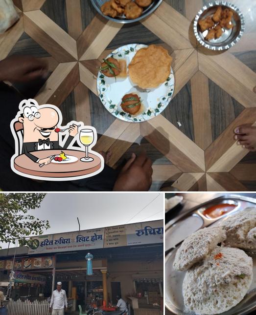 Among various things one can find food and exterior at Hotel Ruchira