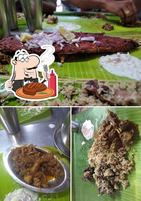 Meat dishes are available at Muthu Mutton Biriyani
