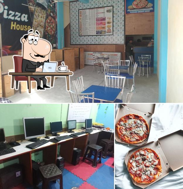 The restaurant's interior and pizza