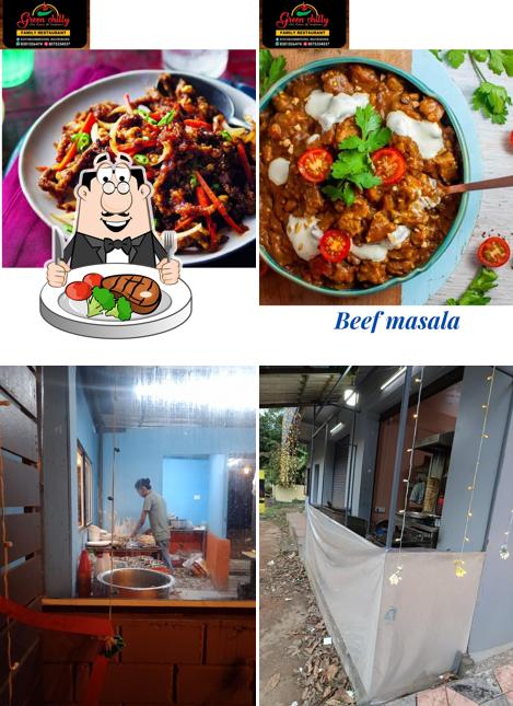 Order meat dishes at Green Chilly family restaurant