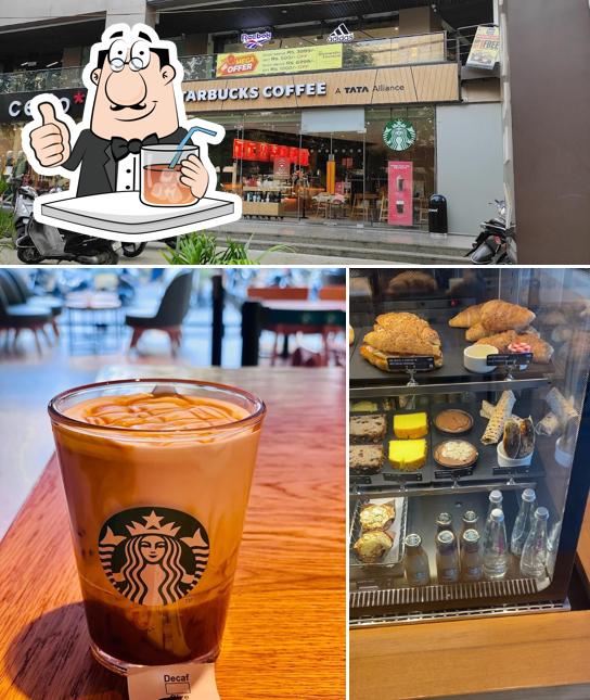 This is the picture showing drink and exterior at Starbucks