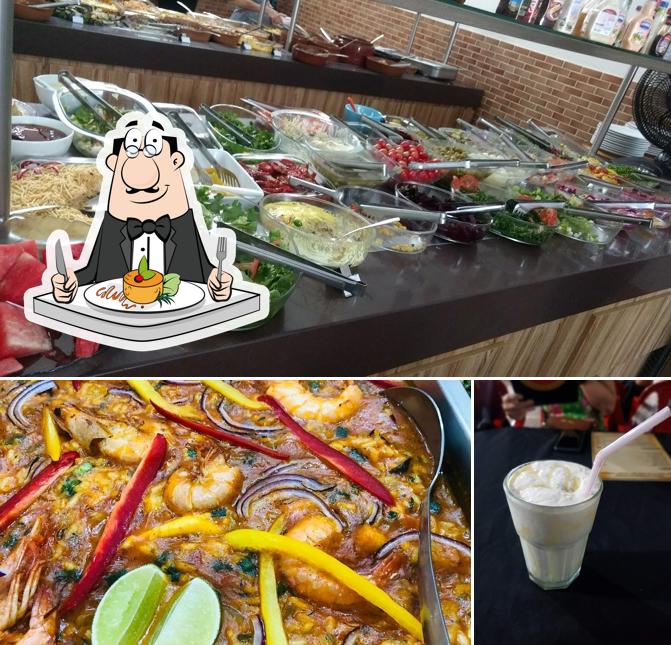 Entre diversos coisas, comida e bebida podem ser encontrados no Churrascaria e Pizzaria Flor de Pequi
