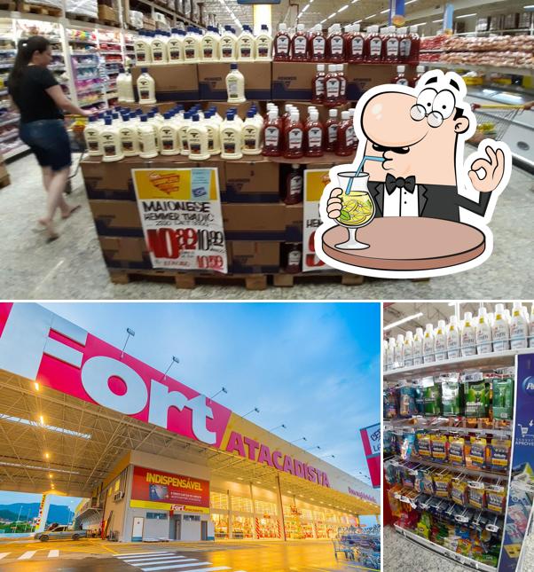 A ilustração da bebida e exterior no Fort Atacadista M Norte