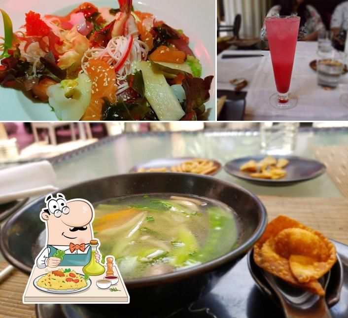 Among different things one can find food and dining table at Zen