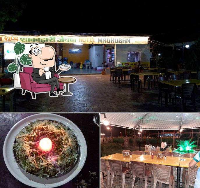 Take a look at the photo displaying interior and food at Hotel Madhuban