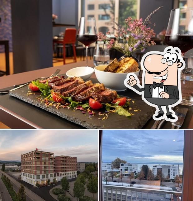 Dai un’occhiata alla foto che raffigura la esterno e cibo di b_smart hotel & restaurant Arbon