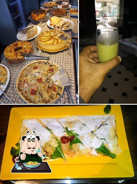 A ilustração da comida e bebida no Chez Marianne