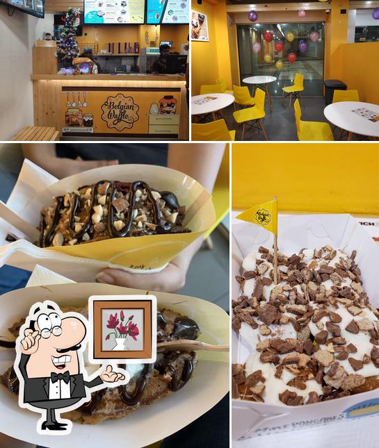 The picture of interior and food at The Belgian Waffle Co