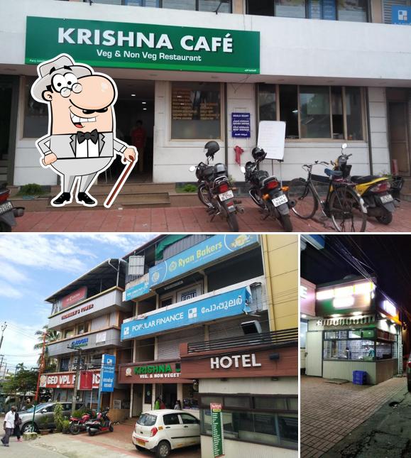Take a look at the image showing exterior and interior at Krishna Cafe