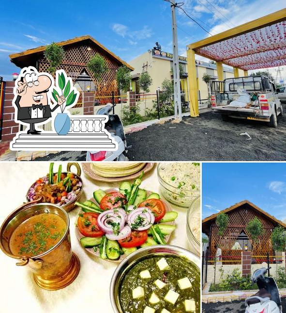 This is the picture displaying exterior and food at Royal Restaurant - Bhuj