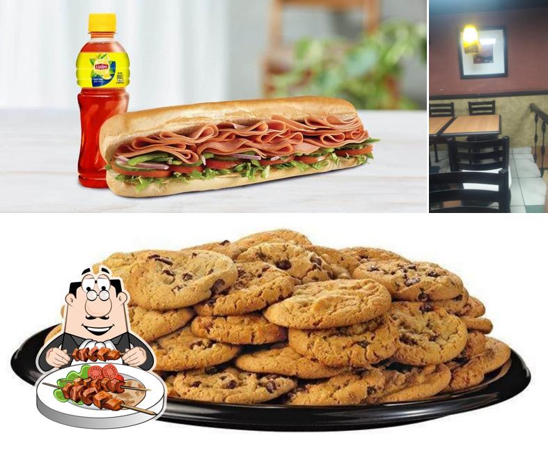 Take a look at the picture showing food and dining table at Subway