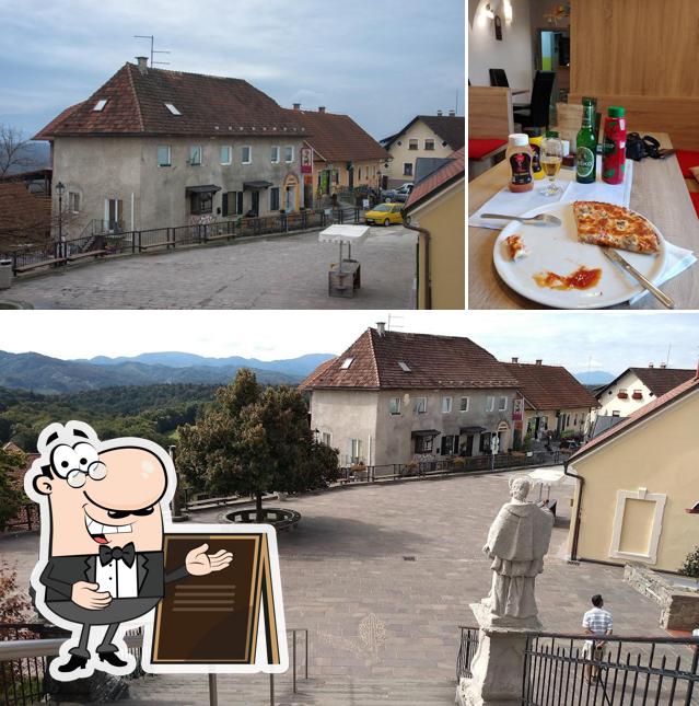 Dai un’occhiata alla foto che raffigura la esterno e tavolo da pranzo di Okrepčevalnica Pri babici Bredi