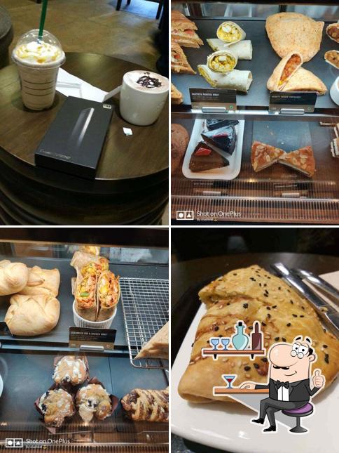 Take a seat at one of the tables at Starbucks