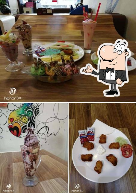 The restaurant's interior and dessert
