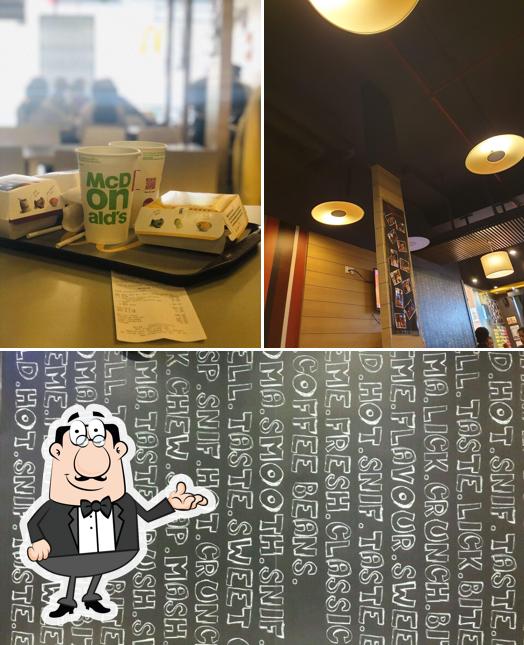 The photo of interior and blackboard at McDonald's