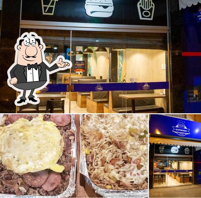 Confira a imagem mostrando interior e comida a Expresso Hamburgueria
