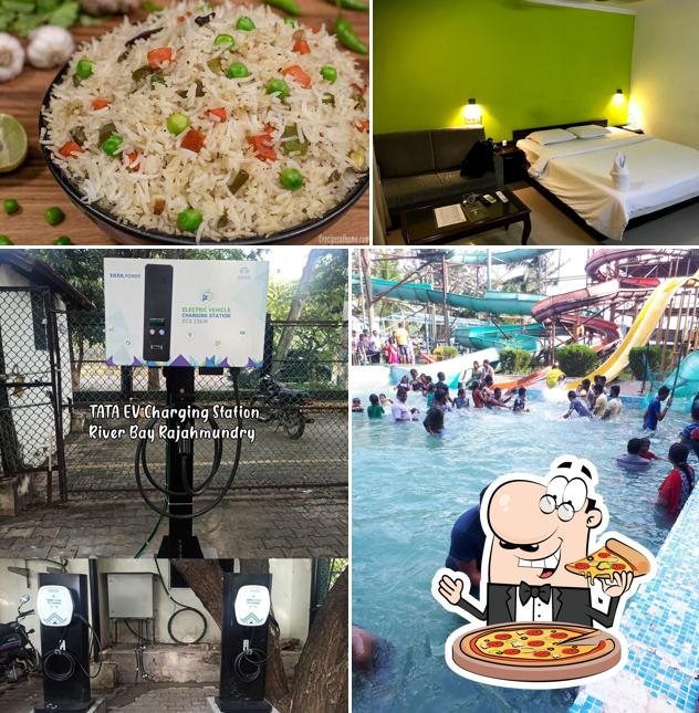Get pizza at River Bay Resort