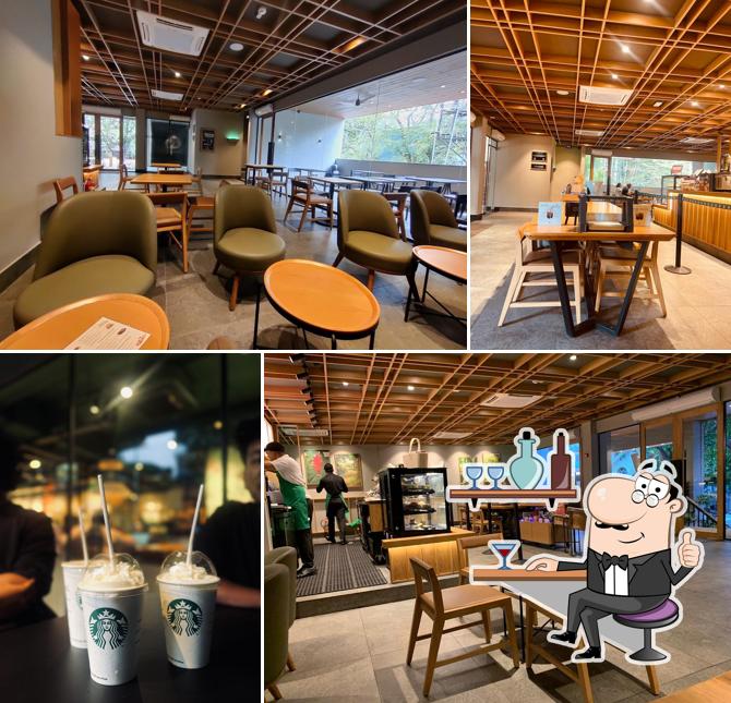 Take a seat at one of the tables at Starbucks
