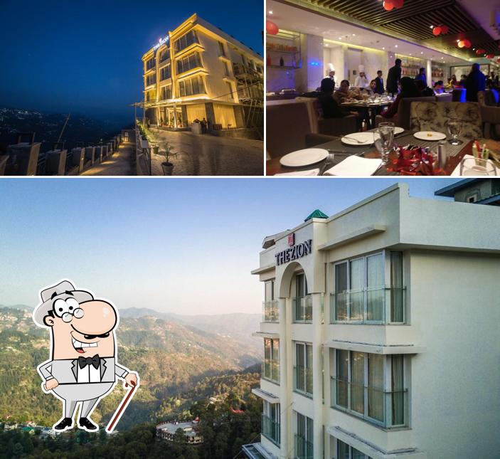 Among different things one can find exterior and dining table at The Zion Hotel Shimla